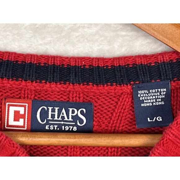 Chaps Cable Knit Sweater Large Mens Red Fisherman Y2K 90s Preppy Chunky Vintage - Picture 5 of 8